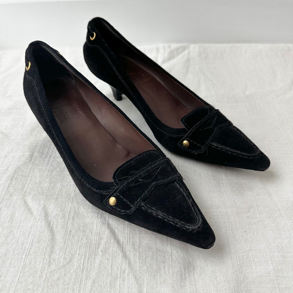 The Original Car Shoe Suede Kitten Heel Pumps Pointed Toe ‎ Black 36.5